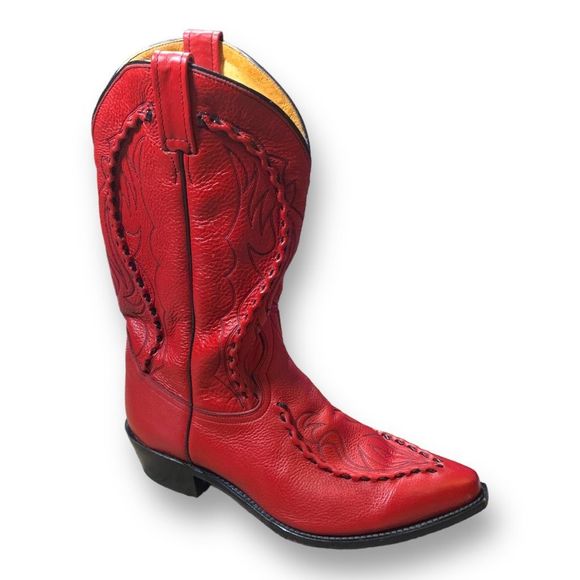 Dan Post Other - Dan Post Cowboy Boots Red Leather Black Flame Bucklace Stitching  Western Mens